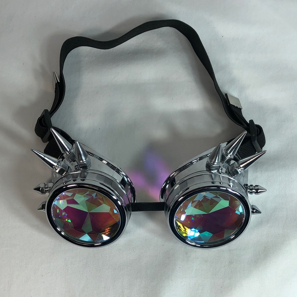 Unisex Silver Spiked Kaleidoscope Goggles - Iridescent Lenses - Picture 2 of 6